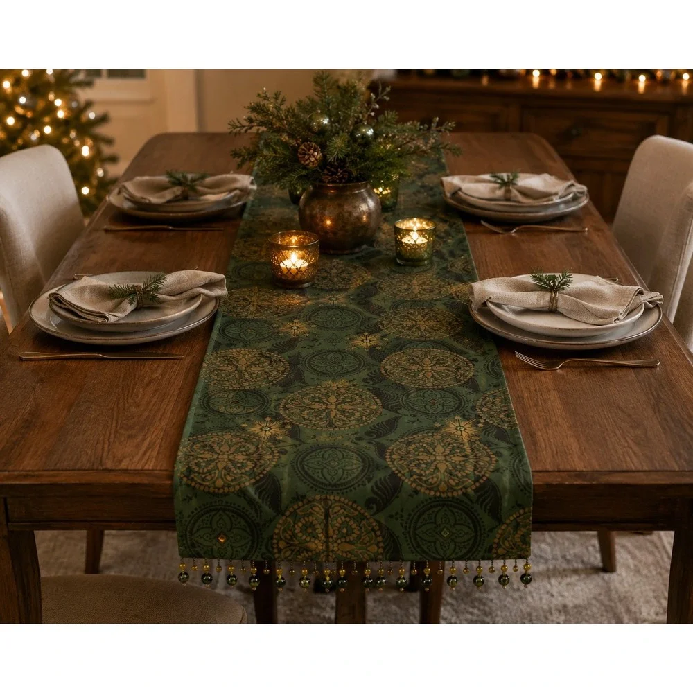 Pier 1 14x74 Table Runner Holiday Medallion Circle Print Beaded Trim Green Gold
